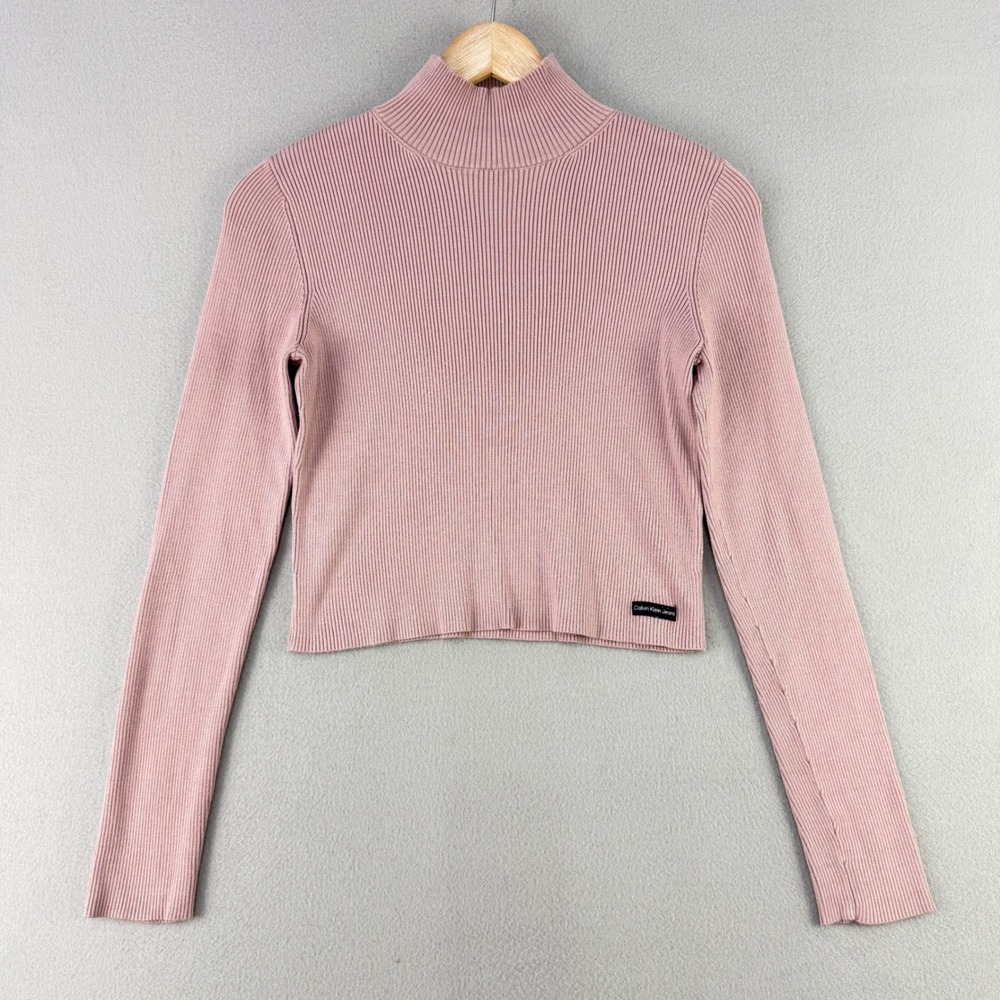 Calvin Klein Jeans Turtleneck Sweater Womens S Pink Ribbed Long Sleeve Crop Y2K